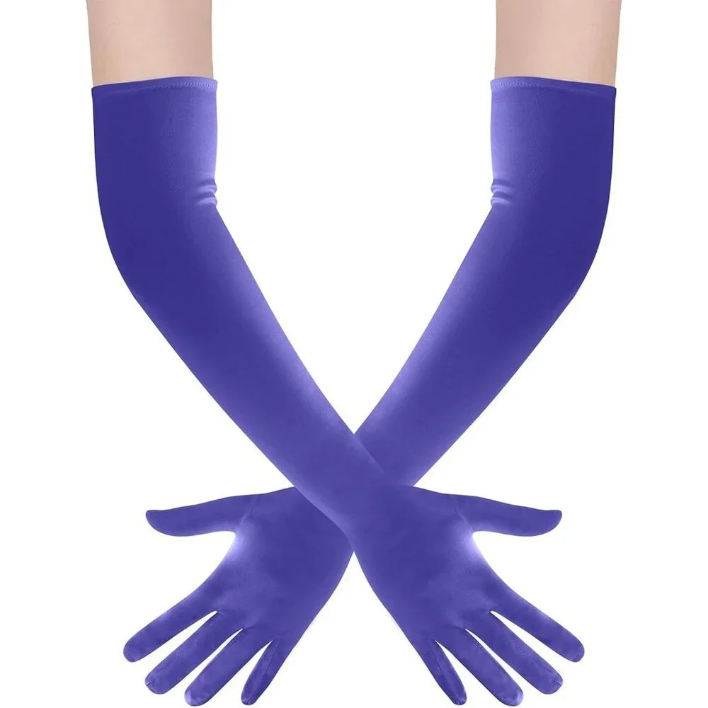 Women's Purple Long Satin Opera Fabric Gloves Party Tea Stretchy Elbow Length